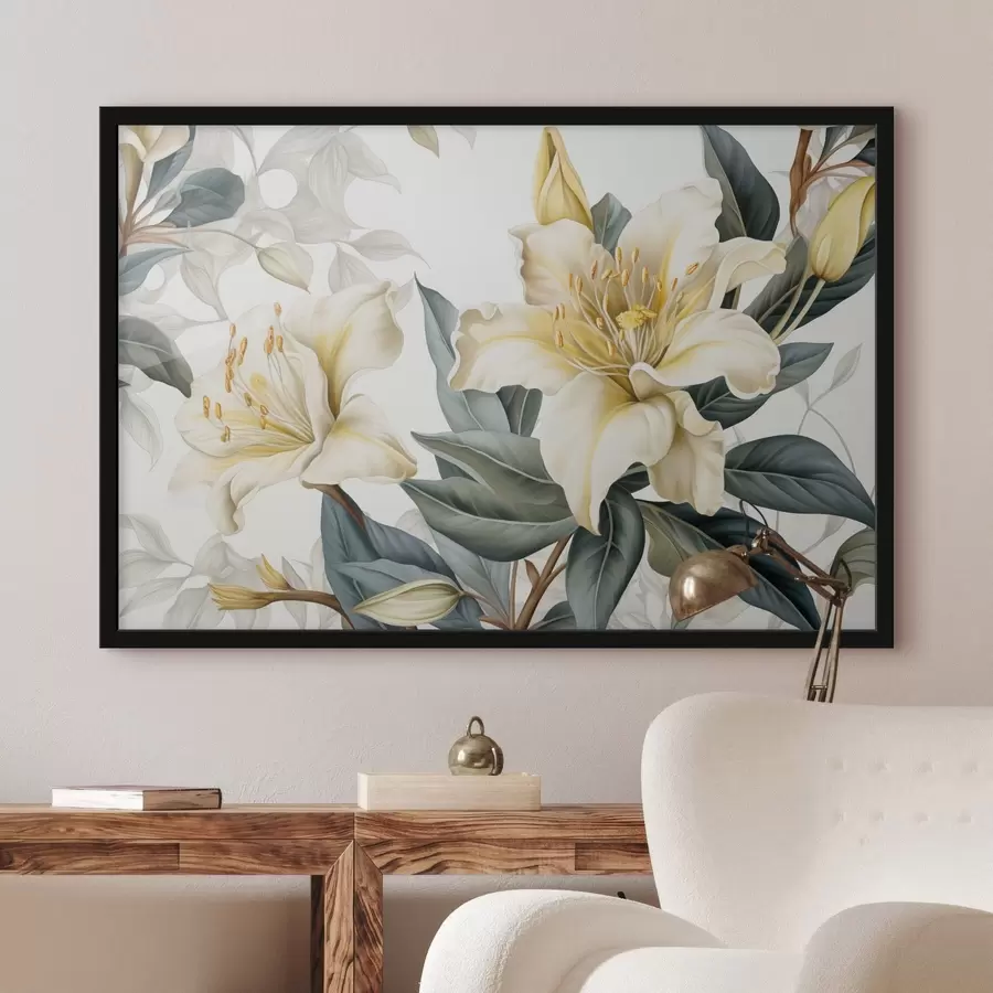 Fotobehang Botanische illustratie van witte en lichtgele bloemen met ingewikkelde bloemblaadjes, omringd door groene bladeren f42712