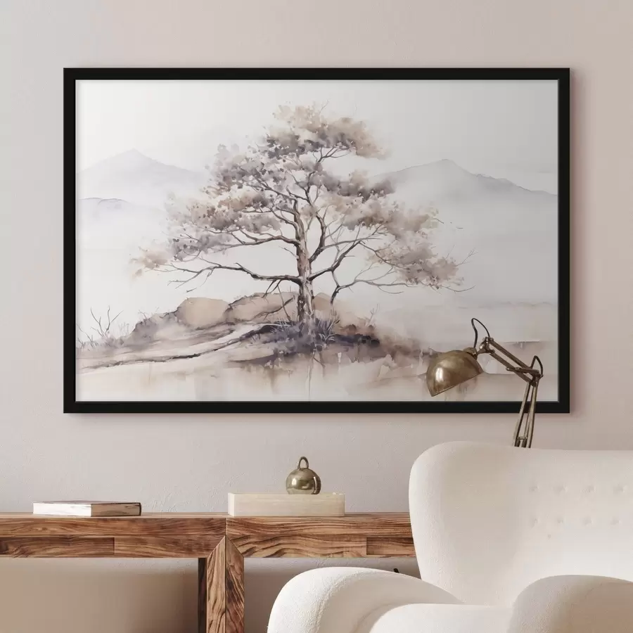 Fotobehang Een eenzame boom met een gedraaide stam en spaarzame takken tegen een zachte, gedempte achtergrond van bergen f42715