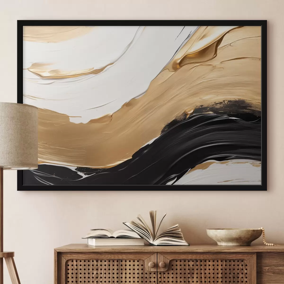 Affiche Composition abstraite présentant des touches audacieuses de peinture blanche, jaune et noire f42717