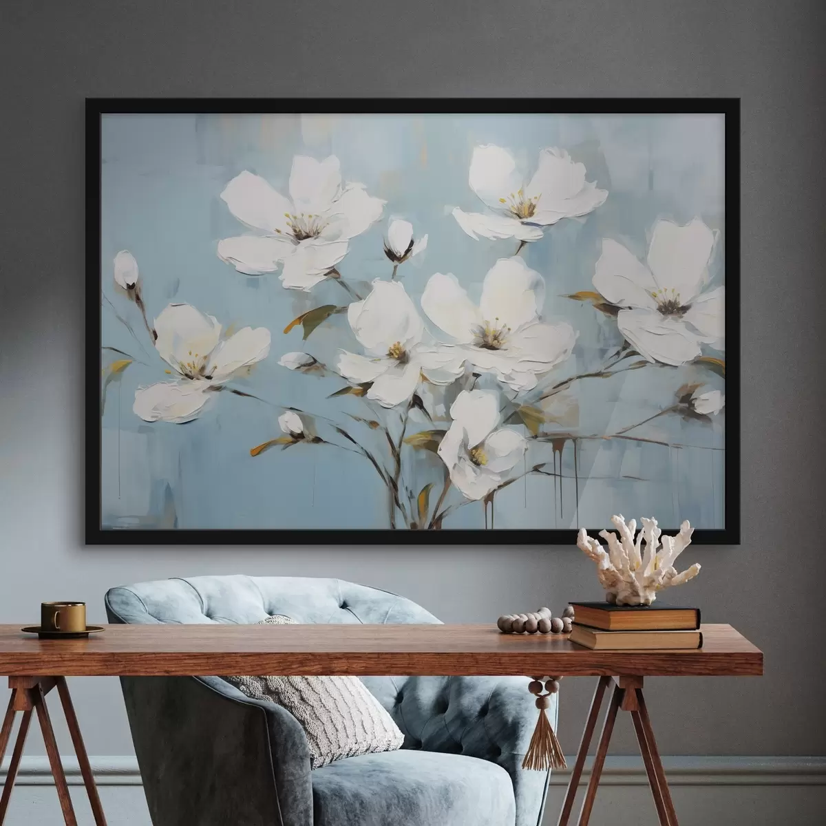 Affiche Fleurs blanches aux pétales délicats et feuilles vertes sur fond bleu clair imitation peinture à l'huile f42719