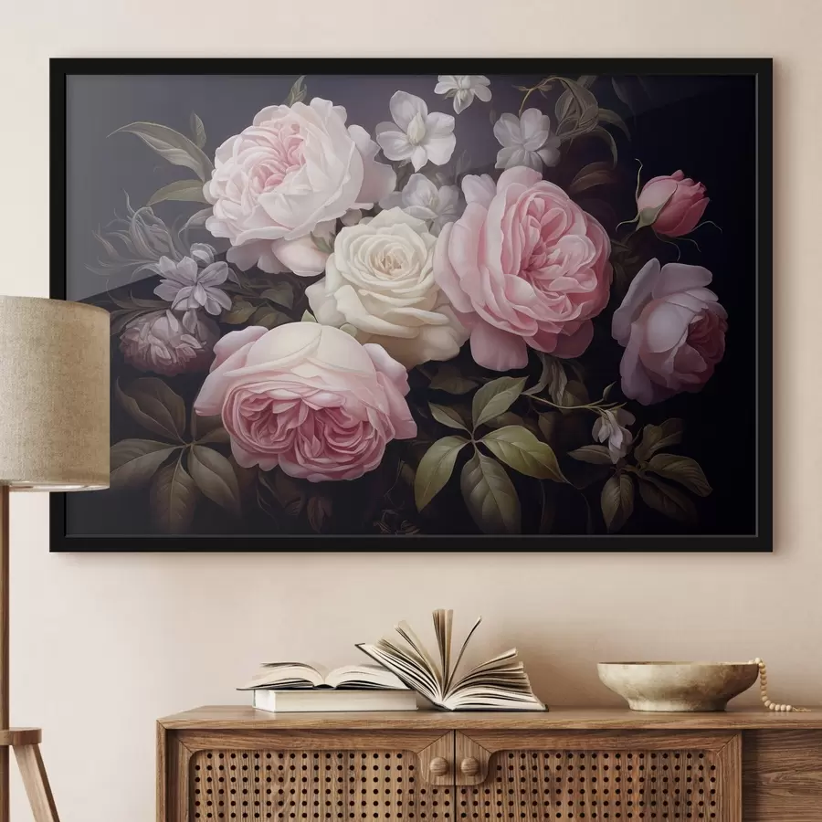 Fotobehang Roze en witte rozen gerangschikt met delicate witte bloemen en groene bladeren tegen een donkere achtergrond f42721