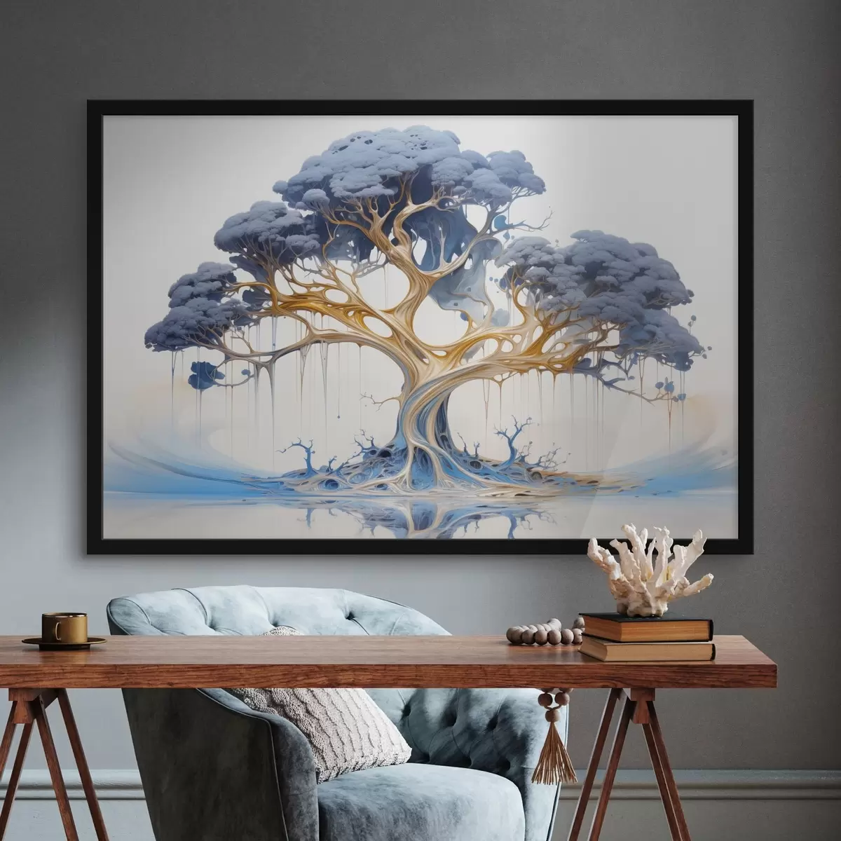 Poster Een gestileerde boom met ingewikkelde takken en gebladerte, met een mix van blauwe en gele tinten f42722