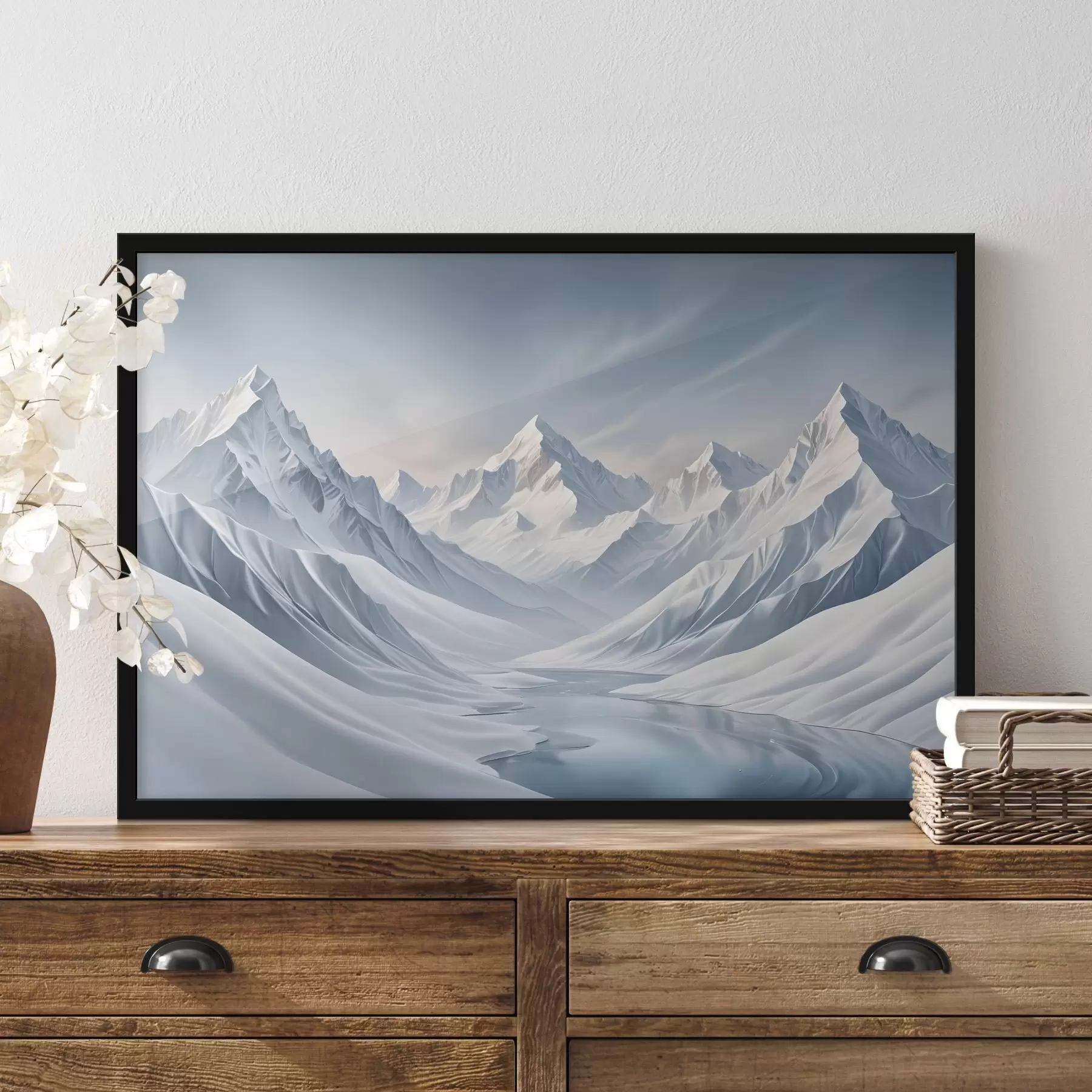  Schilderijen Besneeuwde bergen met scherpe pieken en een zacht verlopende lucht die overgaat van lichtblauw naar lichtblauw f42724