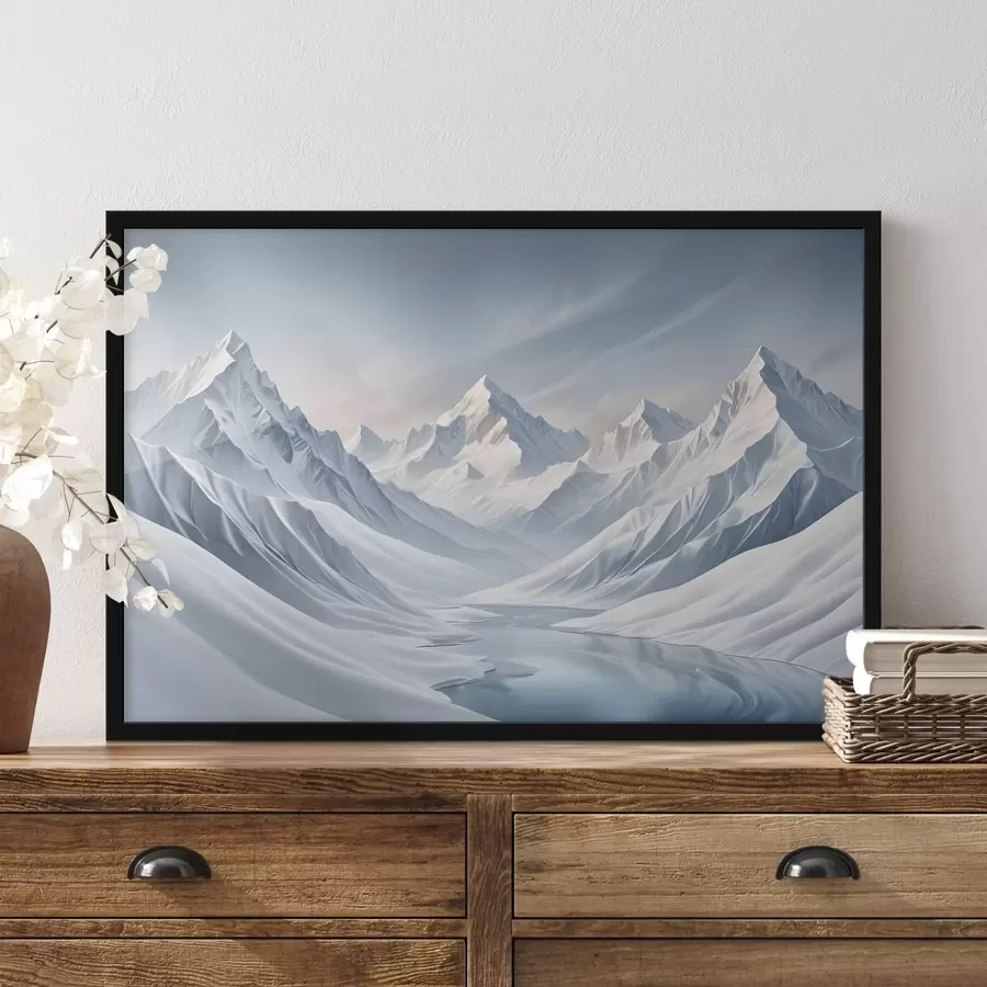  Peintures Montagnes enneigées aux sommets acérés et ciel doux en dégradé passant du bleu pâle au bleu clair f42724