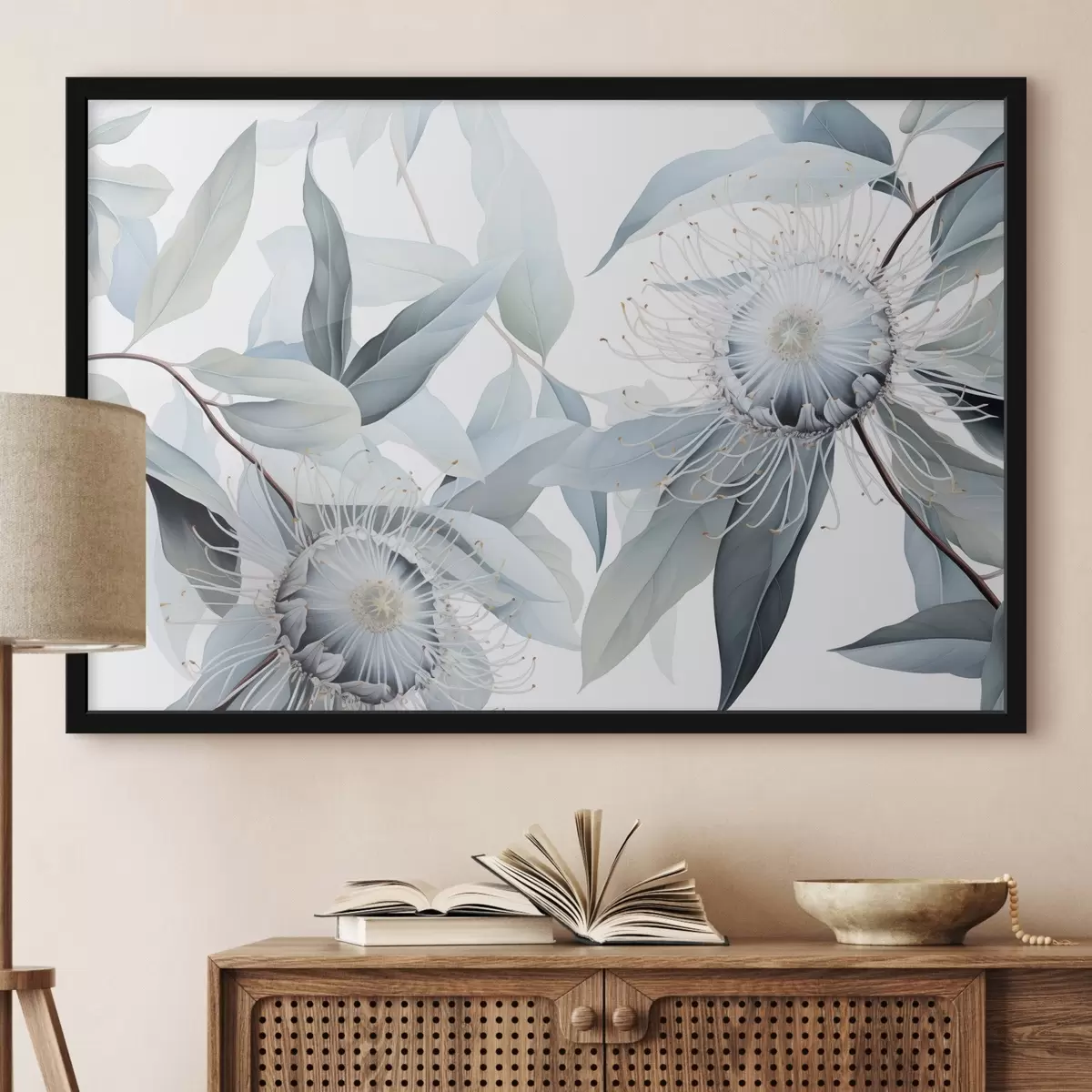 Affiche Illustration botanique détaillée de fleurs d'eucaliptus aux filaments blancs, entourées de feuilles vertes douces et légères f42725