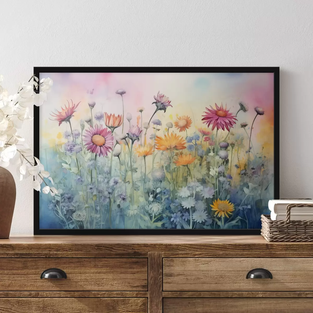 Poster Een levendig veld van hoge en weelderige wilde bloemen tegen een zachte pastelkleurige aquarelachtige achtergrond f42726