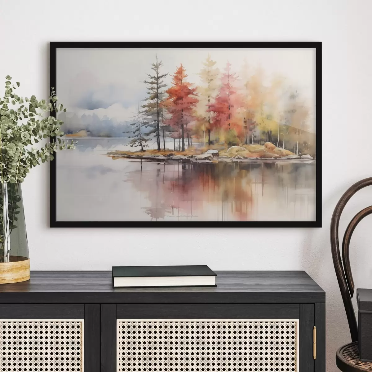 Poster Aquarelachtig landschap met een meer omringd door bomen in levendige herfstkleuren f42727