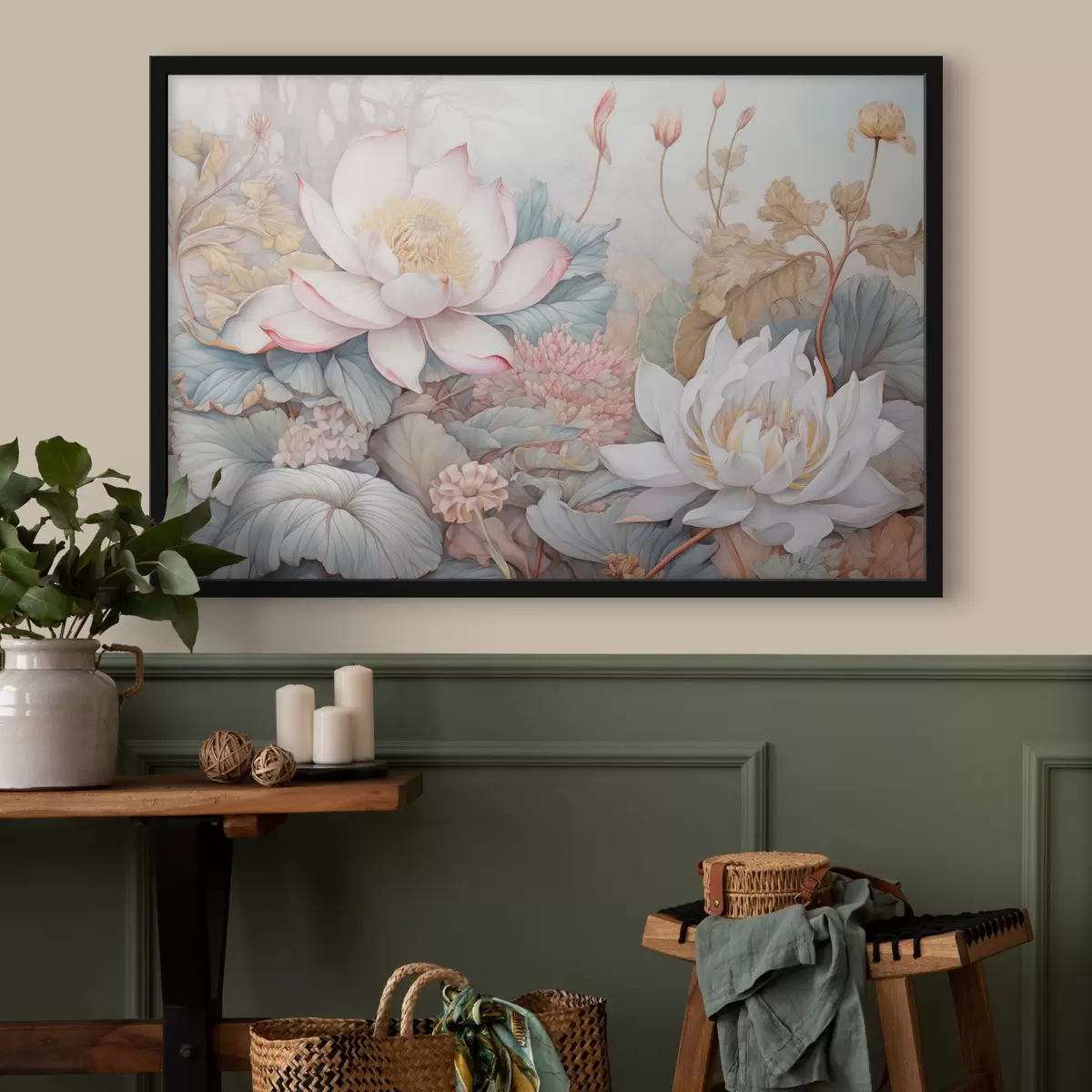 Affiche Grandes fleurs de lotus épanouies dans des tons doux de rose et de blanc, entourées de feuilles vertes et d'un délicat feuillage rose f42729