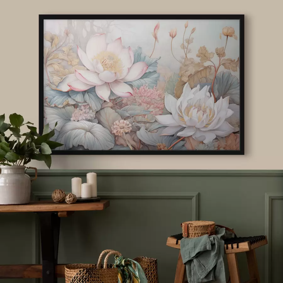 Fotobehang Grote, bloeiende lotusbloemen in zachtroze en witte tinten, omringd door groene bladeren en delicaat roze gebladerte f42729