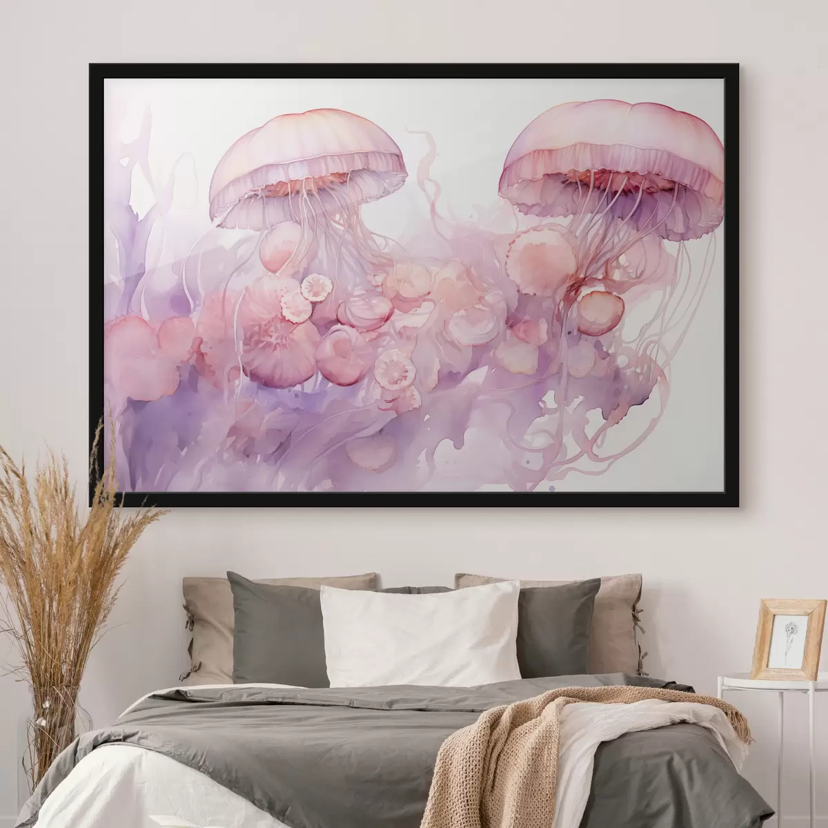 Poster Roze kwallen drijvend in een werveling van zachtroze en paarse tinten, omringd door abstracte vormen f42730