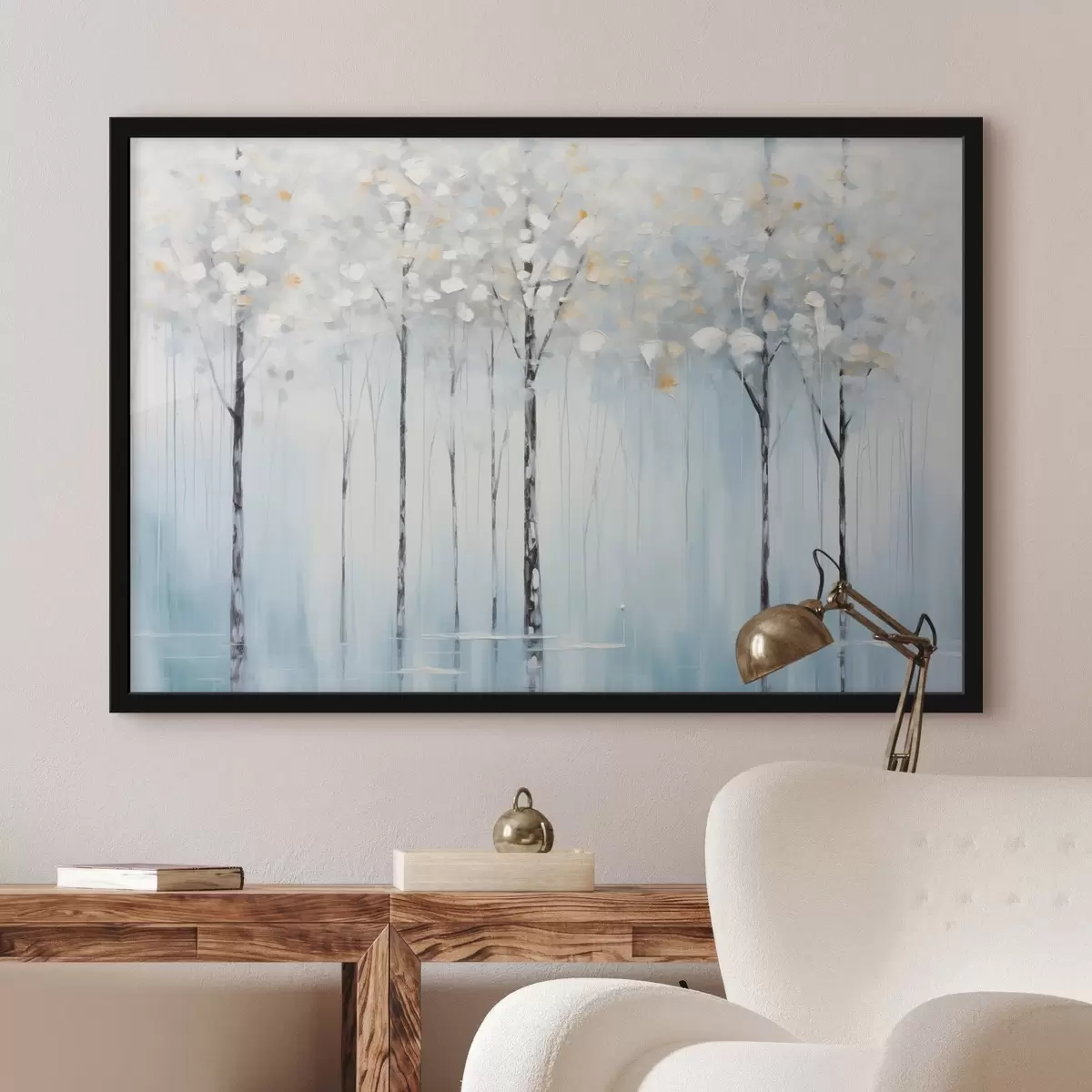 Poster Hoge, slanke bomen met blauwe bladeren en vleugjes geel op een zachtblauwe achtergrond, imitatie olieverfschilderij f42731