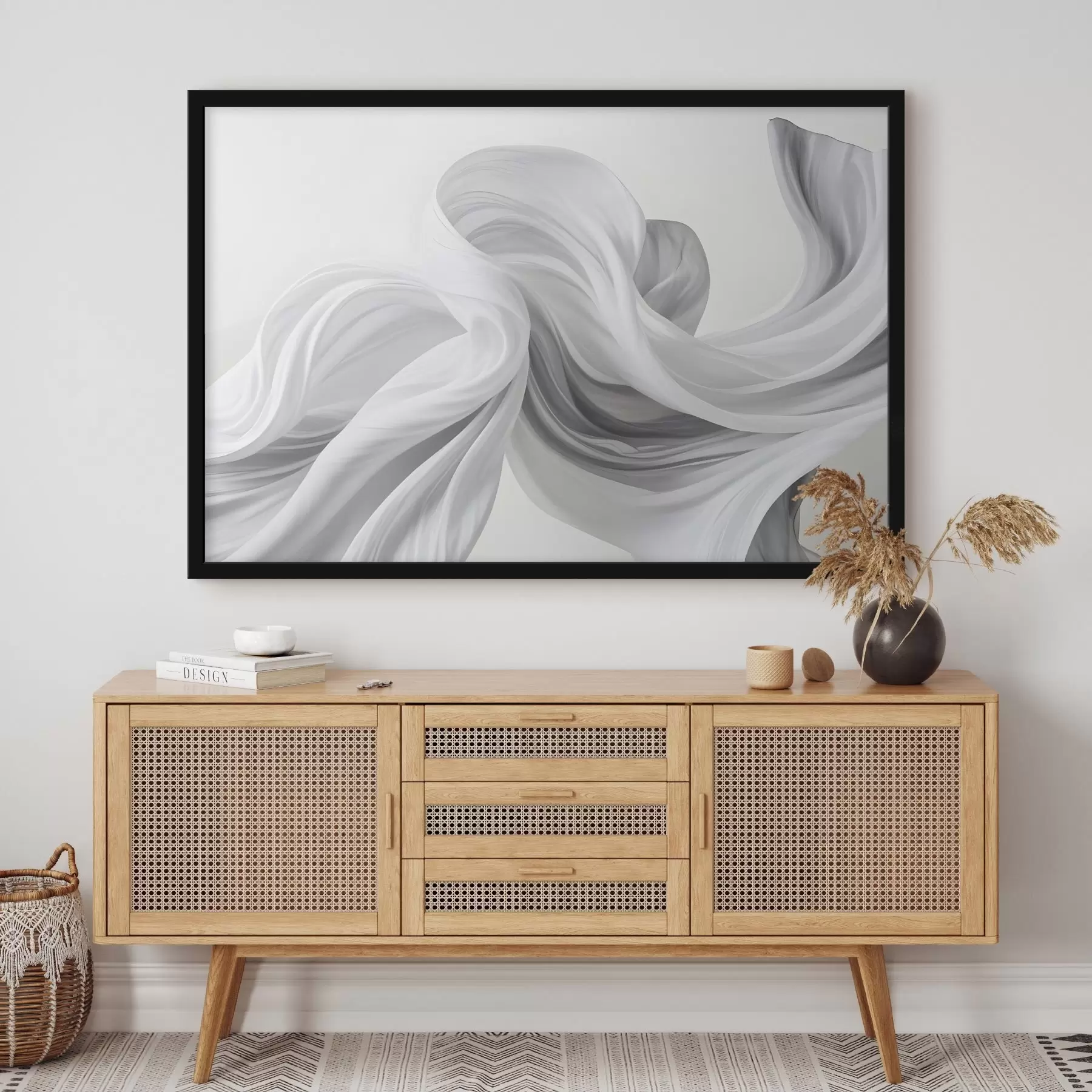 Fotobehang Vloeiende witte en grijze stofachtige vormen die wervelen en verstrengelen tegen een lichte achtergrond f42732