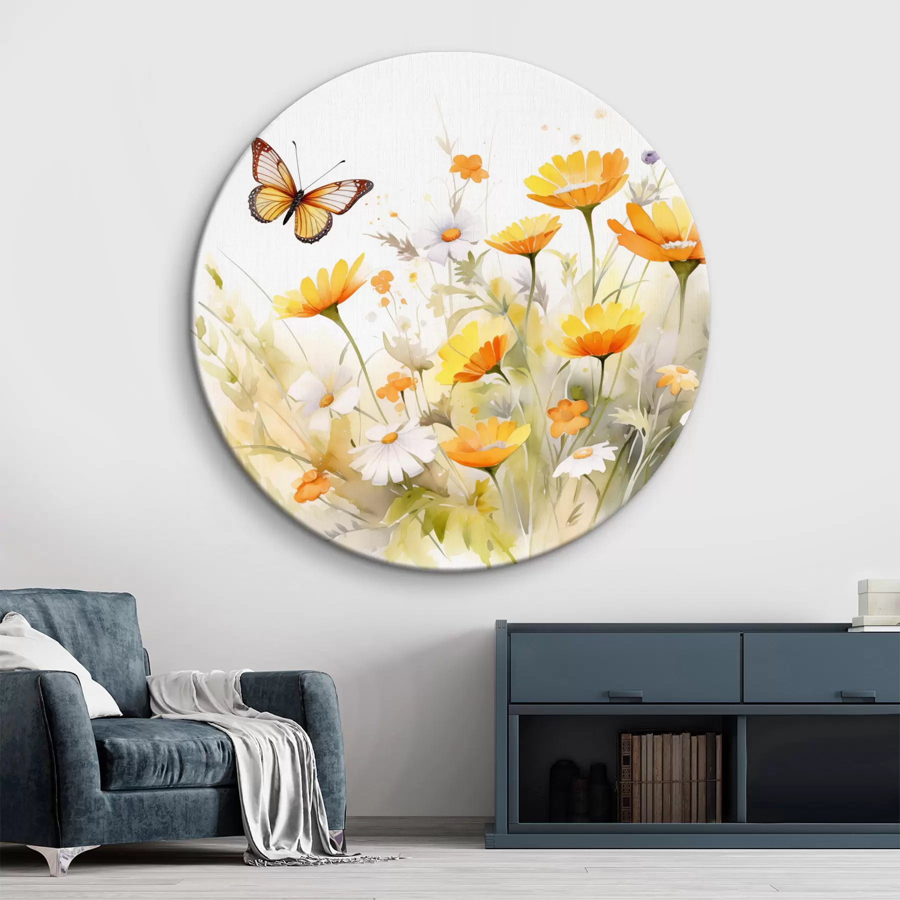  Schilderijen Een levendig aquarelachtig bloemenveld met oranje en witte madeliefjes, met een vlinder fladderend in de buurt r42714