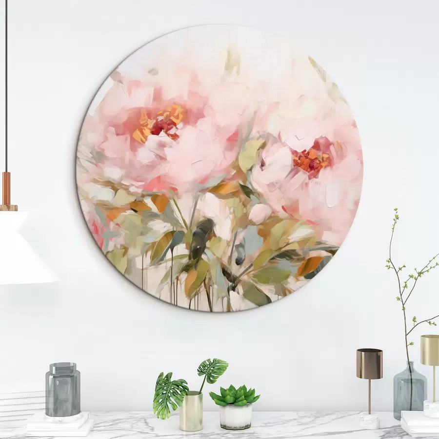  Peintures Peinture à l'huile imitant de grandes pivoines roses aux pétales souples et aux centres jaunes, entourées de feuilles vertes r42720