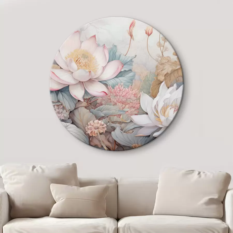  Schilderijen Grote, bloeiende lotusbloemen in zachtroze en witte tinten, omringd door groene bladeren en delicaat roze gebladerte r42729