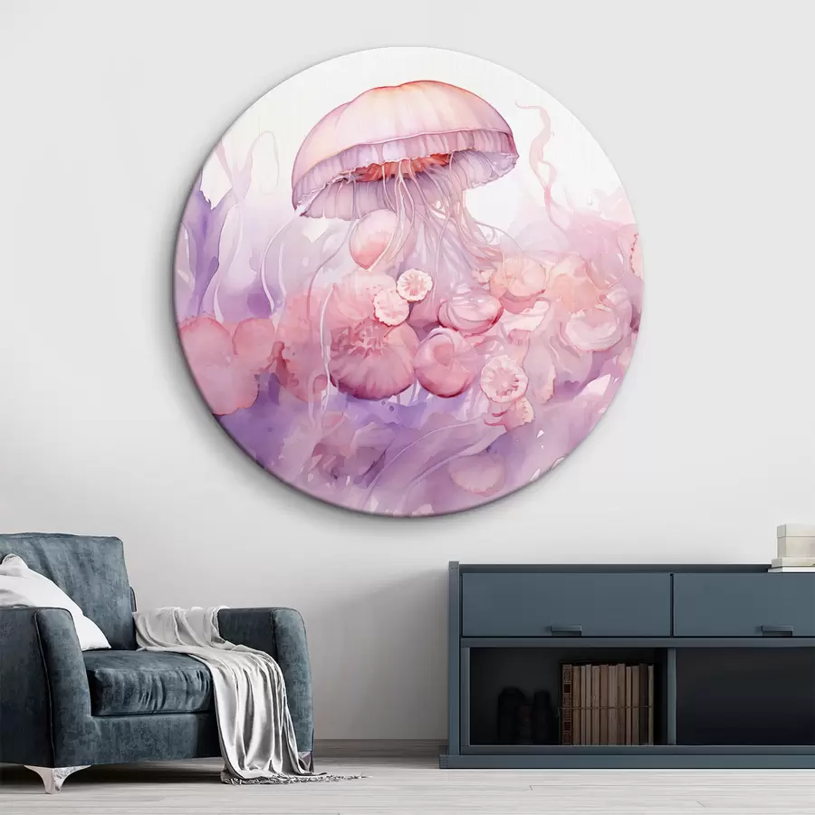  Schilderijen Roze kwallen drijvend in een werveling van zachtroze en paarse tinten, omringd door abstracte vormen r42730