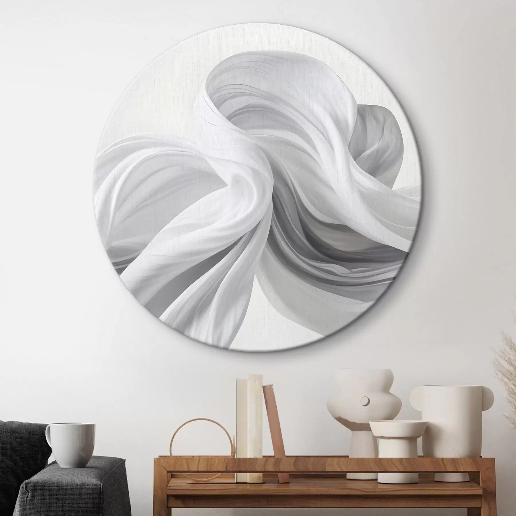  Peintures Formes fluides blanches et grises ressemblant à des tissus, tourbillonnant et s'entrelaçant sur un fond clair r42732