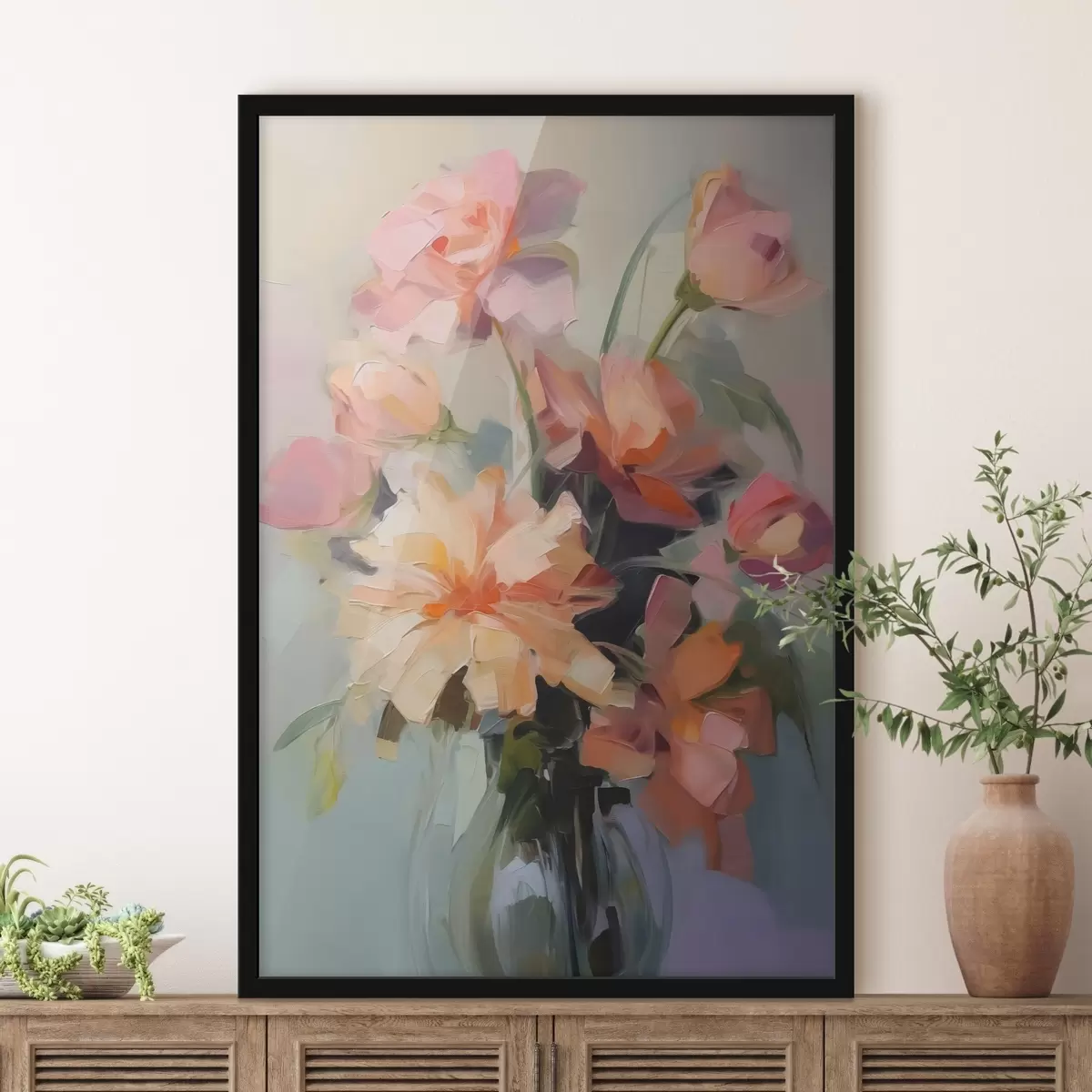 Affiche Chrysanthèmes dans un vase imitation de touches de peinture f42745