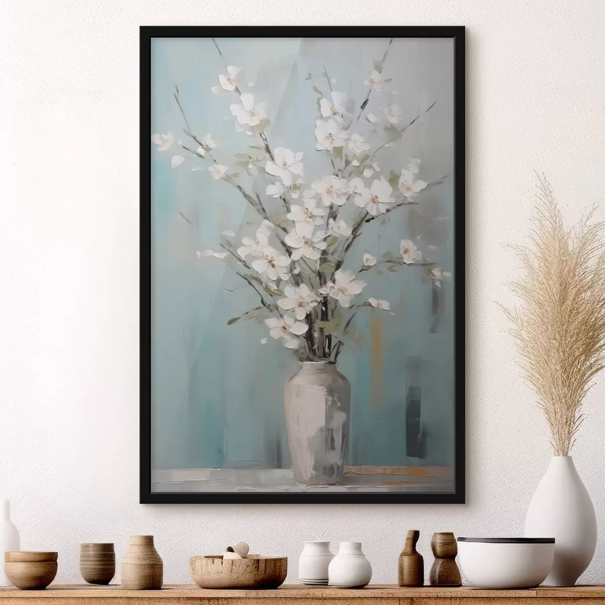 Poster Takken met witte bloemen in een vaas f42746