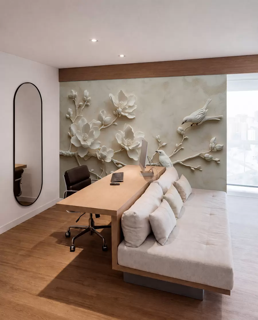 Fotobehang 3D magnolia takken met vogels erop w08690
