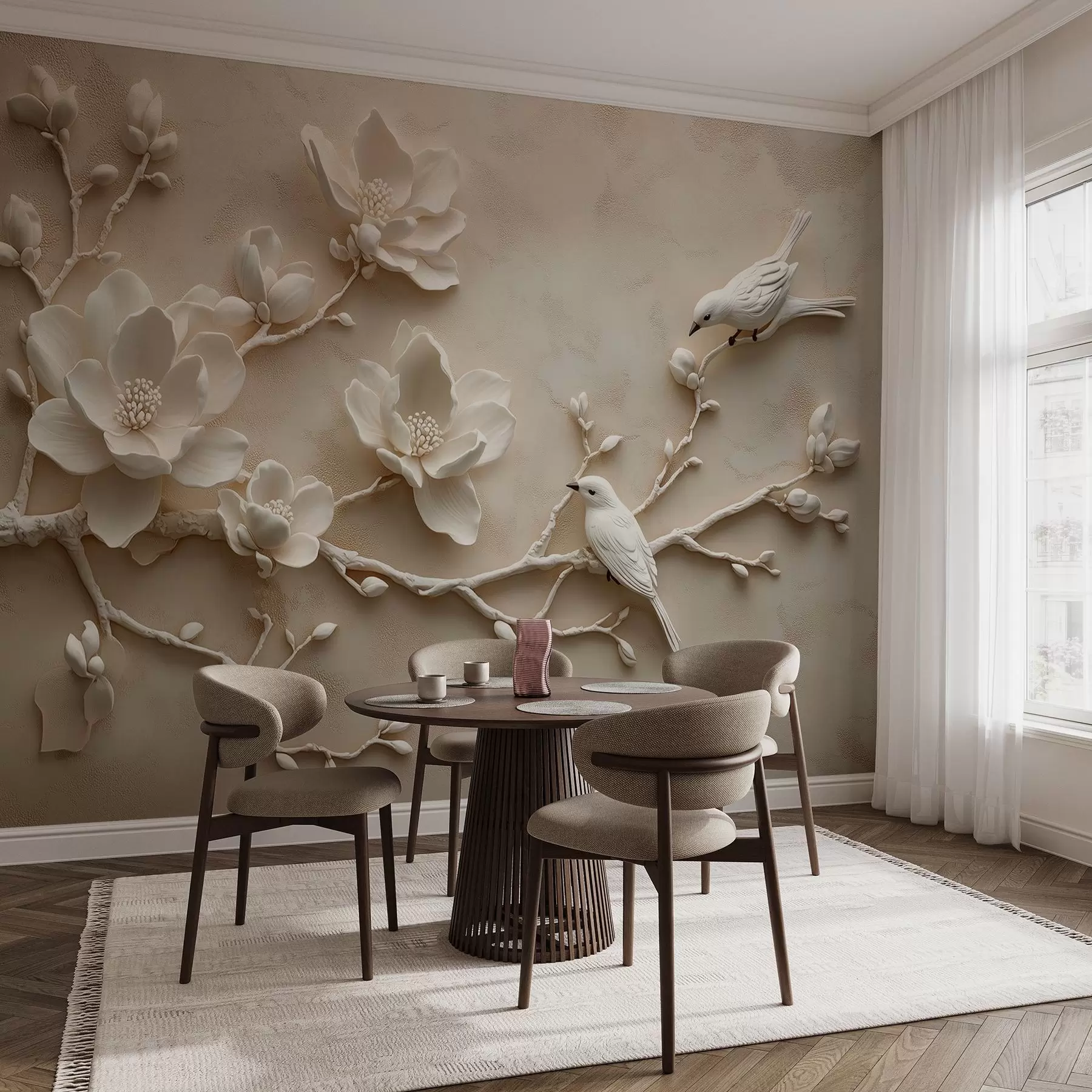 Fotobehang 3D magnolia takken met vogels erop w08690