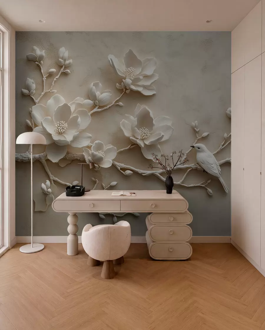 Fotobehang 3D magnolia takken met vogels erop w08690