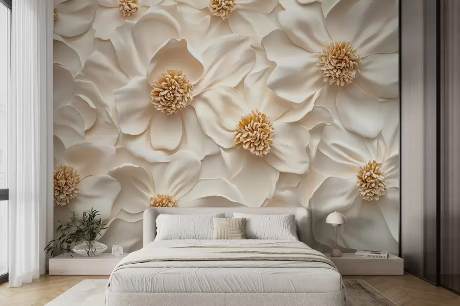 Fotobehang 3D beige bloemencompositie met gele accenten w08691