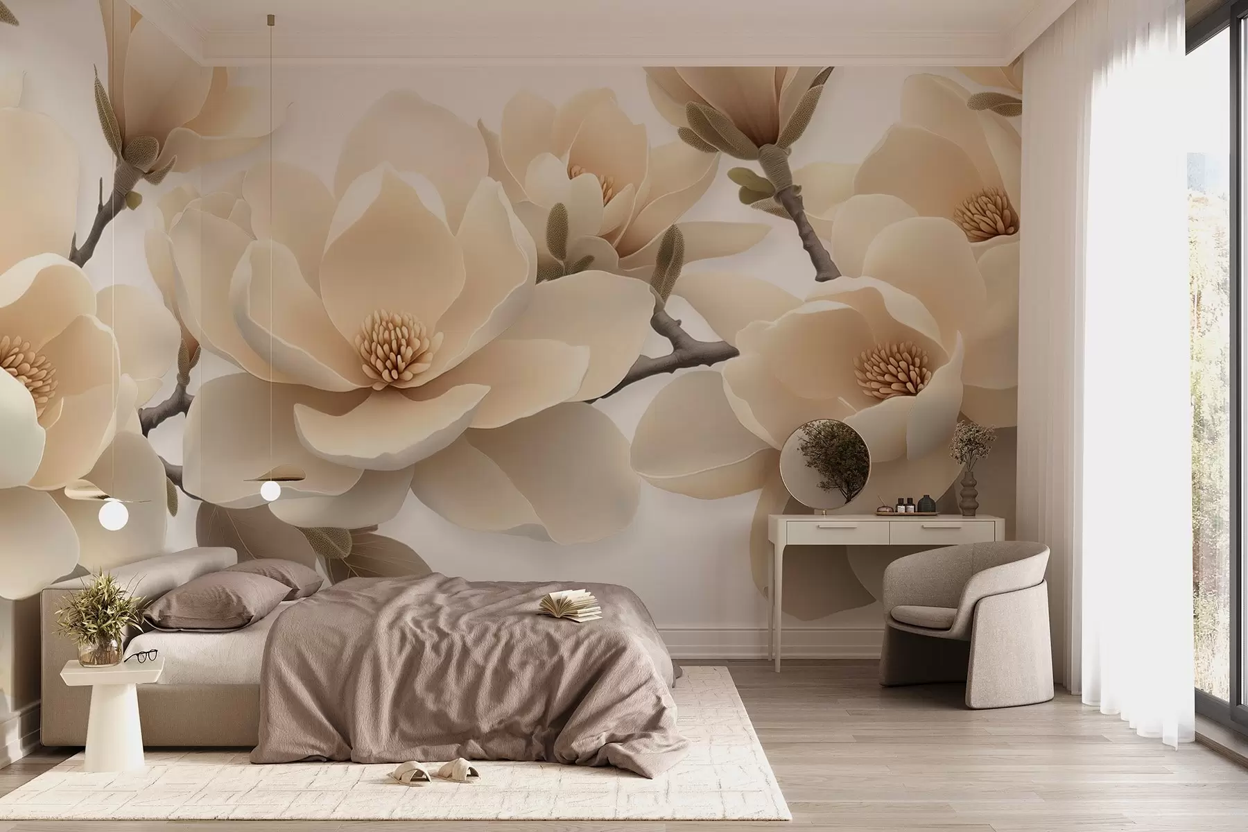 Papier peint photo Fleurs de magnolia beige épanouies dans un ton crémeux sur fond blanc w08692