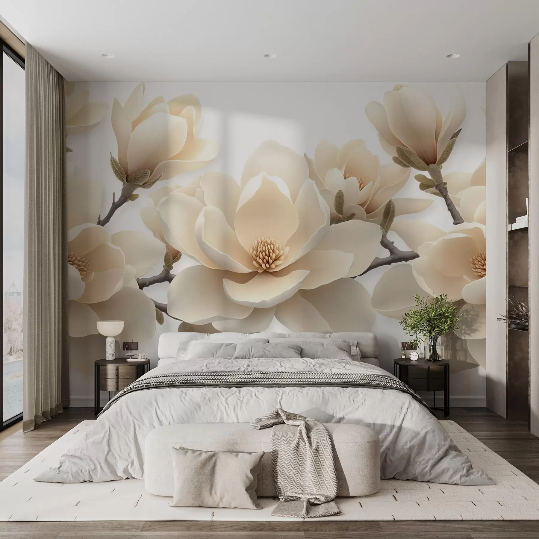 Papier peint photo Fleurs de magnolia beige épanouies dans un ton crémeux sur fond blanc w08692