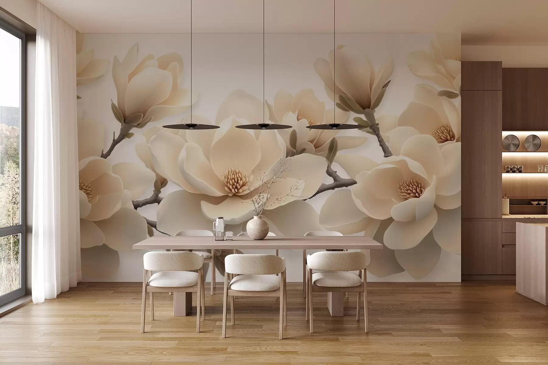 Fotobehang Beige bloeiende magnolia bloemen in een crèmekleurige tint op een witte achtergrond w08692