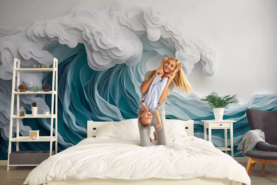 Fotobehang Schuimende oceaangolf in een papierknipstijl w08694