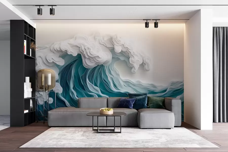 Fotobehang Schuimende oceaangolf in een papierknipstijl w08694