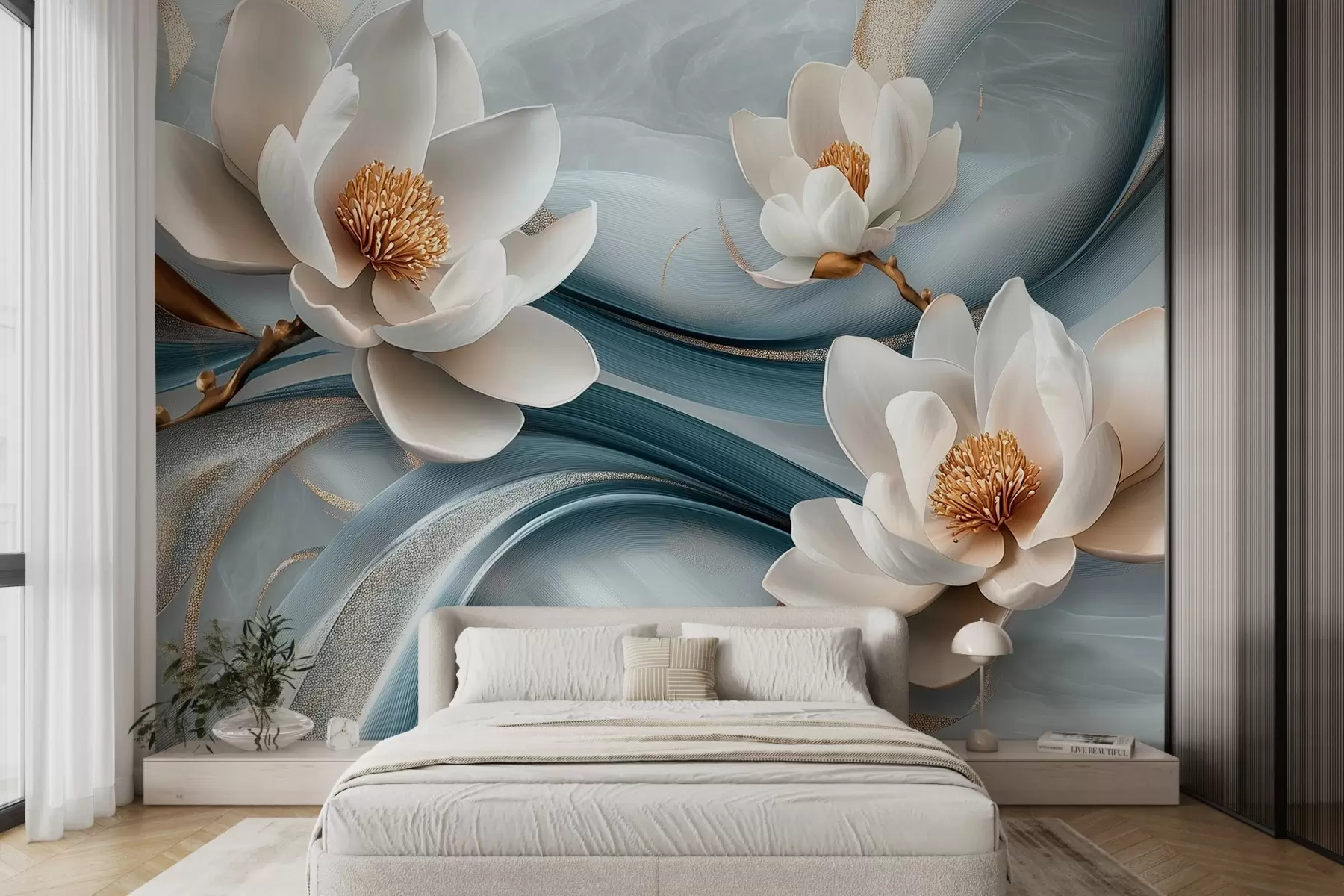 Fotobehang Magnolia bloemen gecombineerd met blauwe, witte en gele tinten met abstracte golven w08695