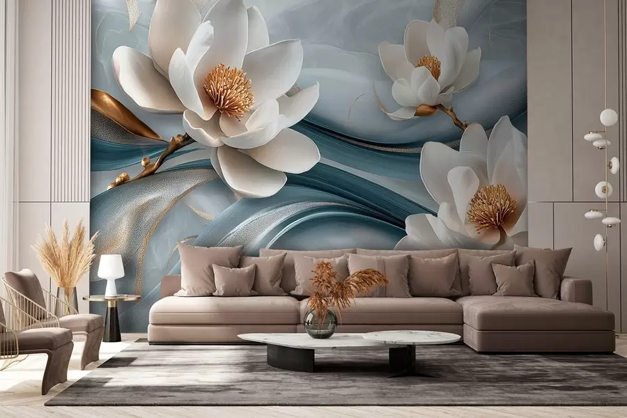 Papier peint photo Fleurs de magnolias combinées à des tons bleus, blancs et jaunes avec des vagues abstraites w08695