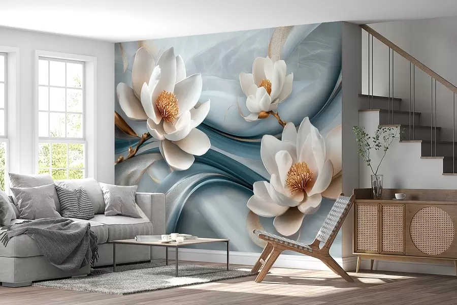 Papier peint photo Fleurs de magnolias combinées à des tons bleus, blancs et jaunes avec des vagues abstraites w08695