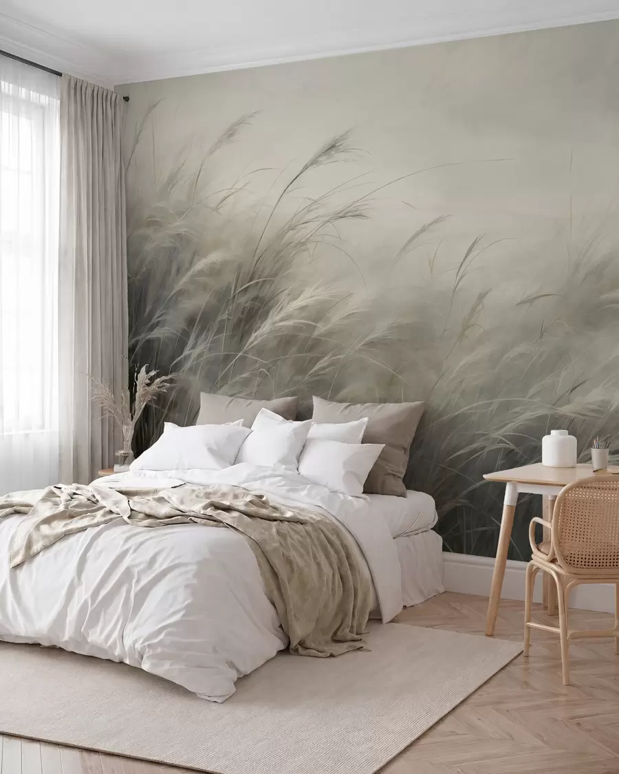 Fotobehang Winderige weide in zandkleur w02985