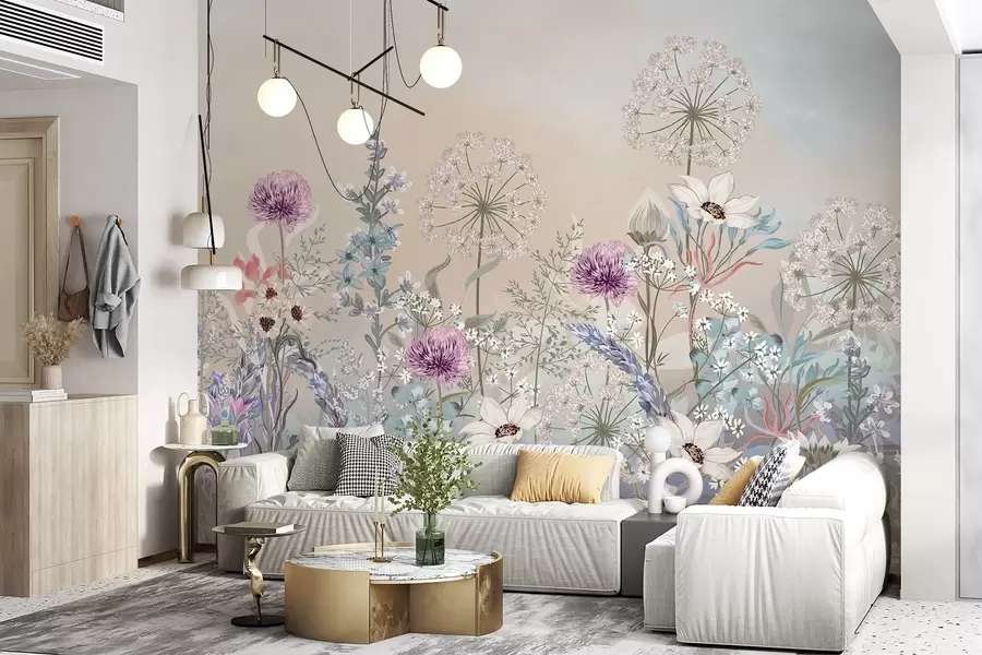 Fotobehang Een levendige bloementuin met verschillende bloemen en gras op een zacht pastelkleurig kleurverloop met textuurachtergrond w08699