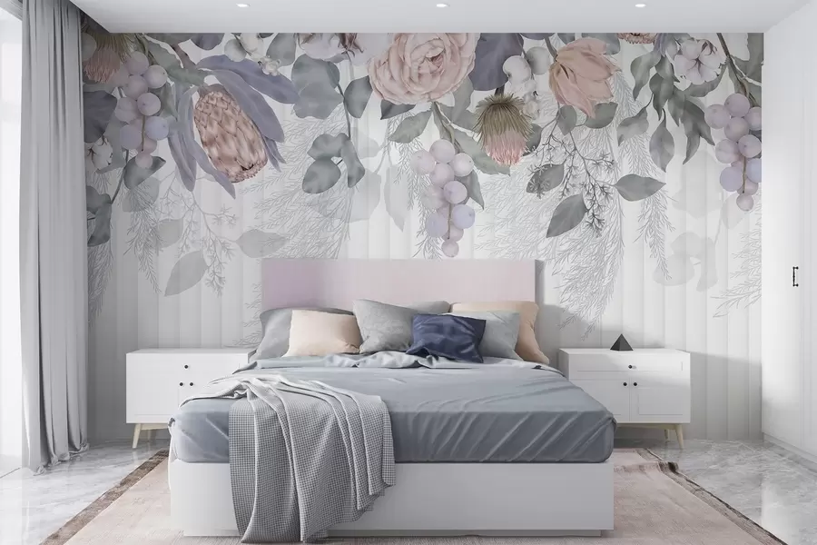 Fotobehang Een bloemige pastelkleurige roze rozen, protea bloemen, eucalyptus takken en bessen op getextureerde achtergrond w08700