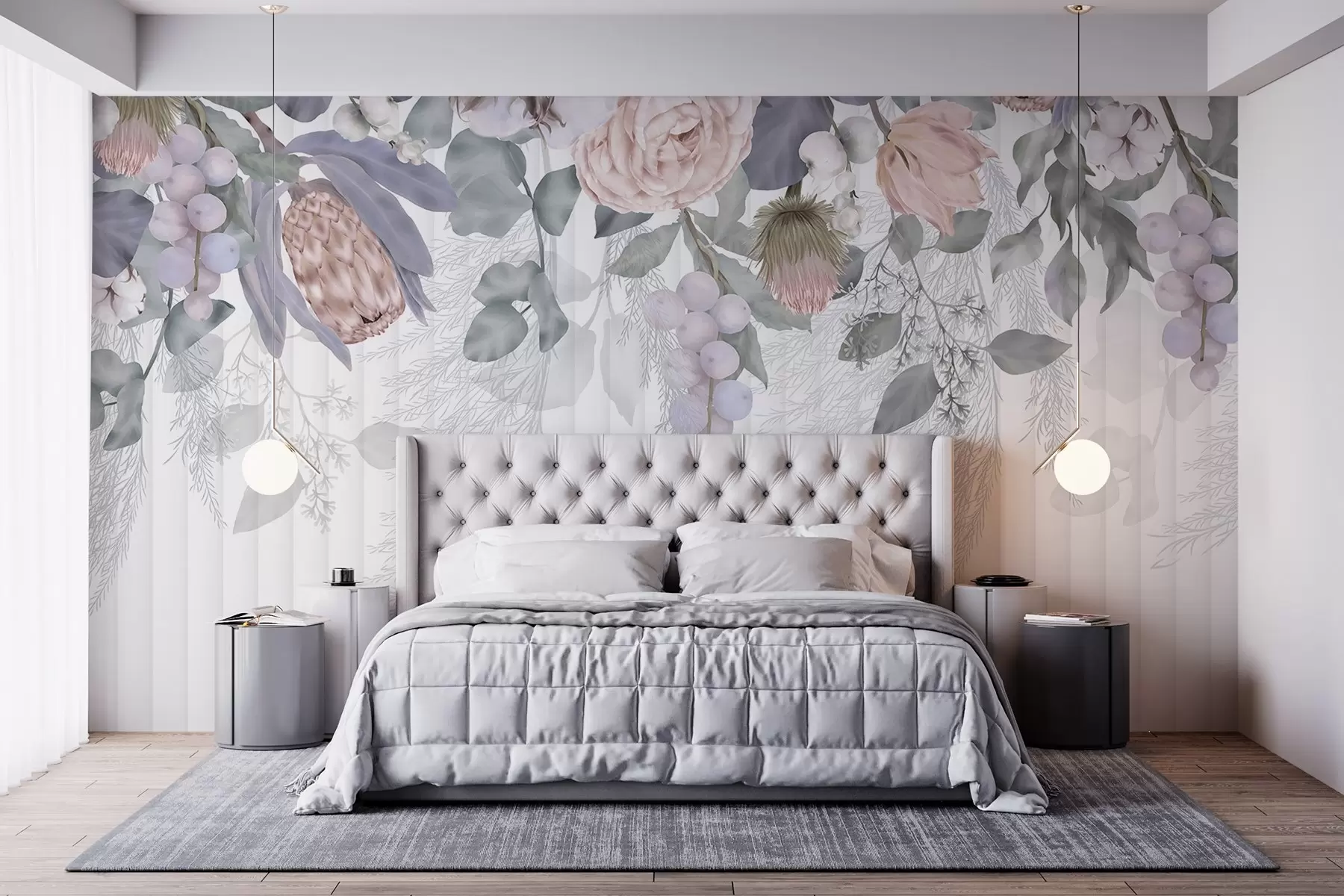 Fotobehang Een bloemige pastelkleurige roze rozen, protea bloemen, eucalyptus takken en bessen op getextureerde achtergrond w08700