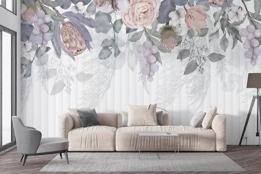 Fotobehang Een bloemige pastelkleurige roze rozen, protea bloemen, eucalyptus takken en bessen op getextureerde achtergrond w08700