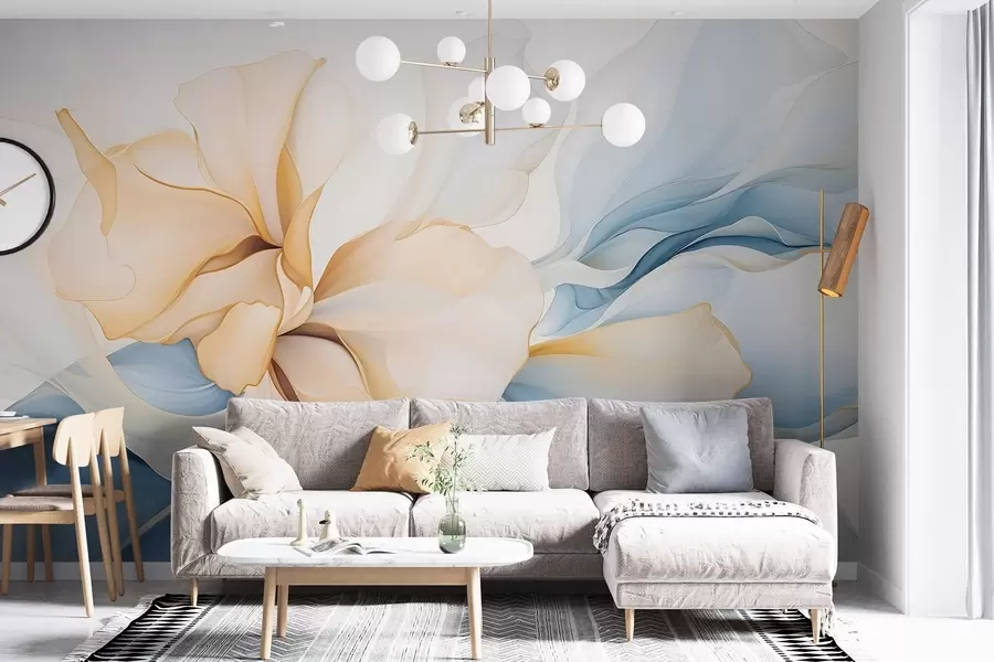 Fotobehang Vloeiende abstracte bloemblaadjes doorschijnende en gelaagde vormen in pastelkleuren, in perzik- en blauwtinten w08701