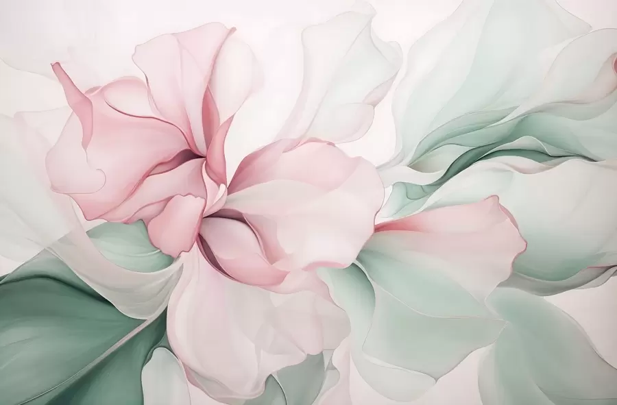 Papier peint photo Pétales floraux abstraits et fluides, translucides et superposés, aux couleurs pastel, dans les tons roses et verts w08701v1