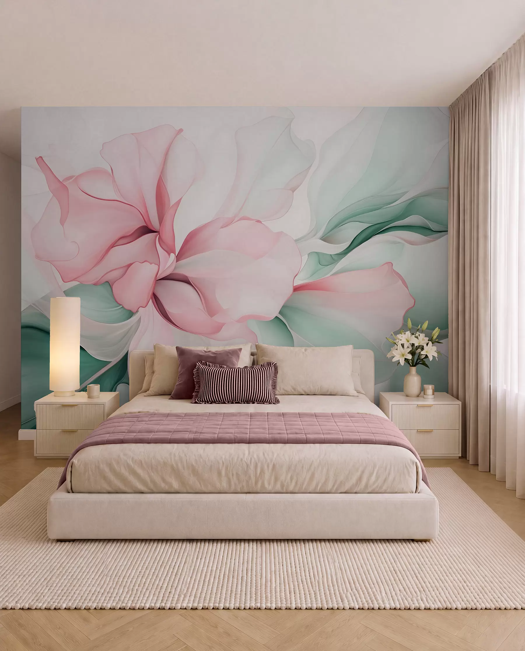 Fotobehang Bloemen in roze en saliegroen w08701v1
