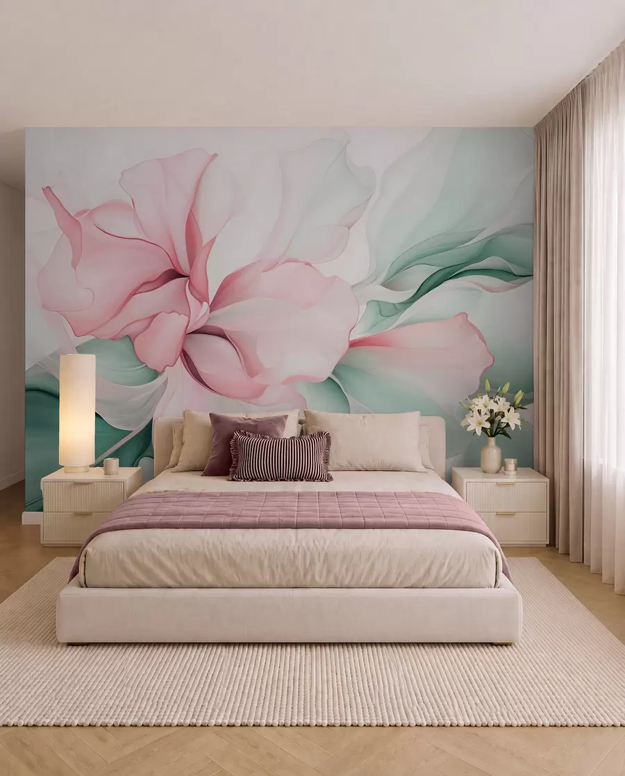 Fotobehang Vloeiende abstracte bloemblaadjes doorschijnende en gelaagde vormen in pastelkleuren, in roze en groene tinten w08701v1