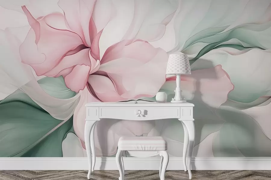 Fotobehang Vloeiende abstracte bloemblaadjes doorschijnende en gelaagde vormen in pastelkleuren, in roze en groene tinten w08701v1
