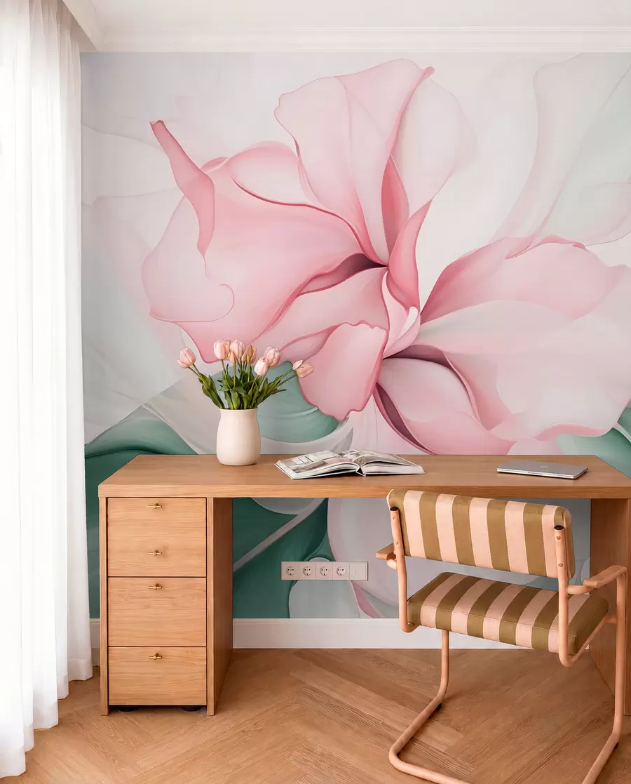 Fotobehang Vloeiende abstracte bloemblaadjes doorschijnende en gelaagde vormen in pastelkleuren, in roze en groene tinten w08701v1