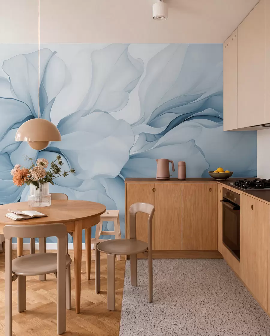 Papier peint photo Pétales floraux abstraits et fluides, formes translucides et superposées dans des couleurs pastel, dans des tons bleus w08701v2