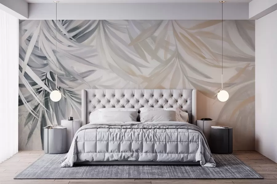 Fotobehang Zachte, vloeiende, lichtgekleurde tropische bladeren in grijs- en perziktinten, die overgaan in een bleke, neutrale print w08703