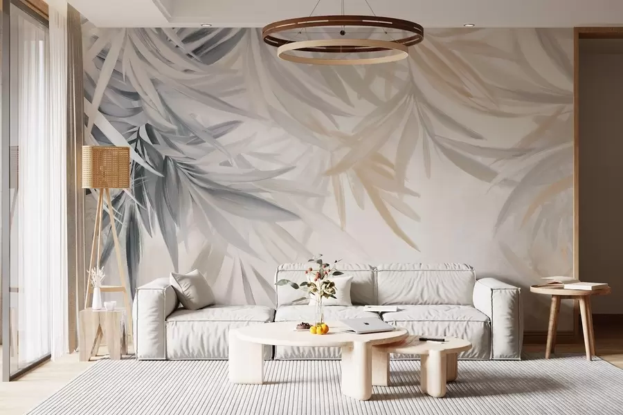 Papier peint photo Feuilles tropicales douces et fluides de couleur claire dans des tons gris et pêche, se fondant dans un imprimé pâle et neutre w08703