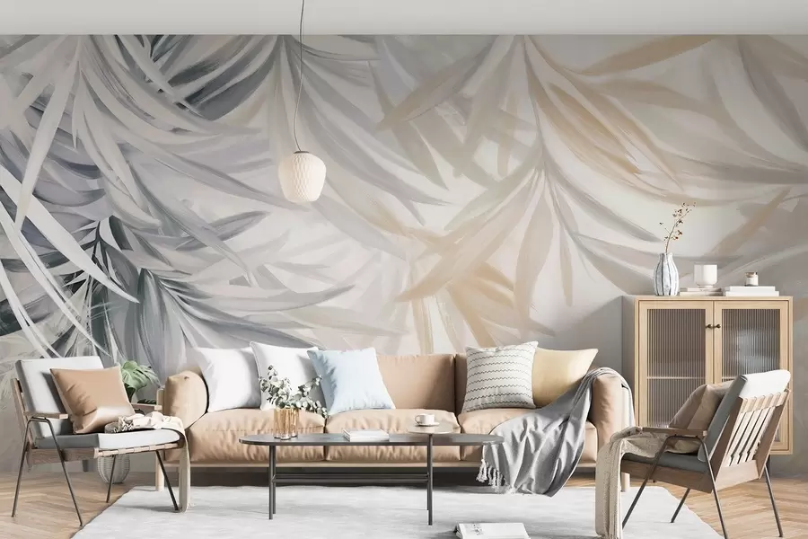 Fotobehang Zachte, vloeiende, lichtgekleurde tropische bladeren in grijs- en perziktinten, die overgaan in een bleke, neutrale print w08703